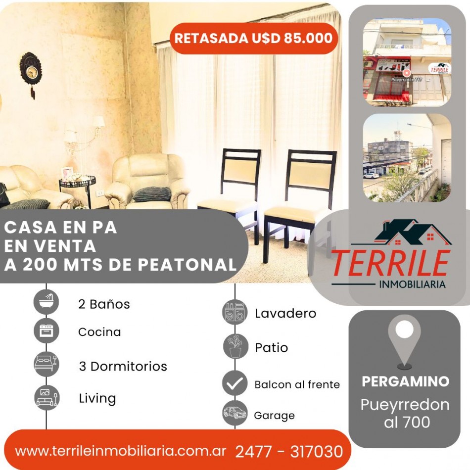 Pergamino Casa en PA en venta  RETASADA  - Zona Centrica - Pueyrredon al 700 