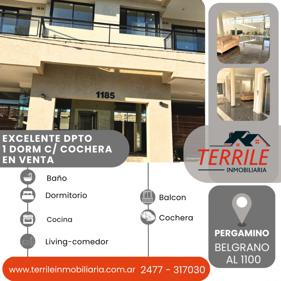 Pergamino Dpto 1 Dorm c/ Cochera en venta - Belgrano al 1100
