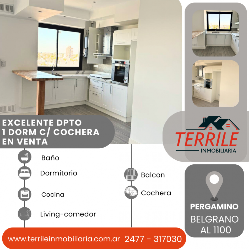 Pergamino Dpto 1 Dorm c/ Cochera en venta - Belgrano al 1100