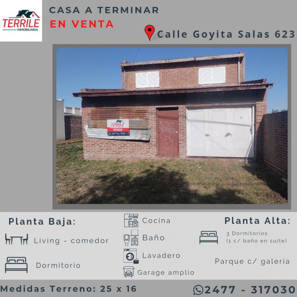 Pergamino Casa de 2 Plantas a terminar en venta  - Goyita Salas al 600 